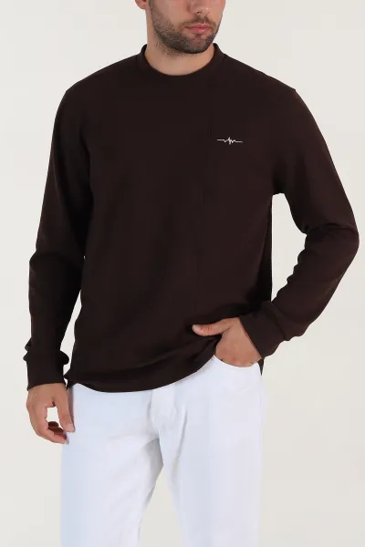 Kahverengi Nakış Detaylı Bisiklet Yaka Erkek Sweatshirt 396257
