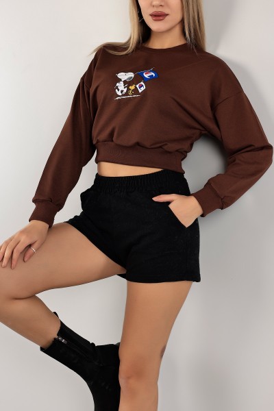 Kahverengi Nakışlı Bayan Sweat 141322