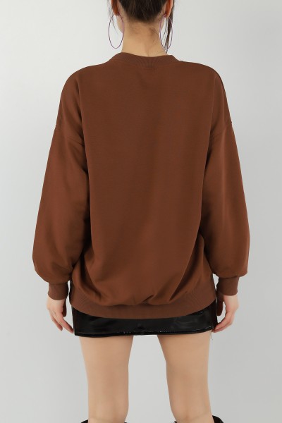 Kahverengi Nakışlı Bayan  Üç İp Sweat 149733
