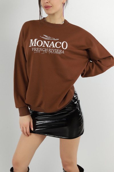 Kahverengi Nakışlı Bayan  Üç İp Sweat 149733