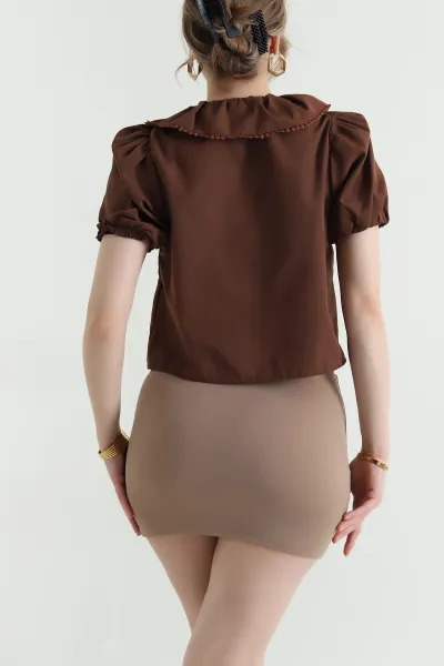 Kahverengi Nakışlı Bebe Yaka Poplin Kadın Bluz 441246