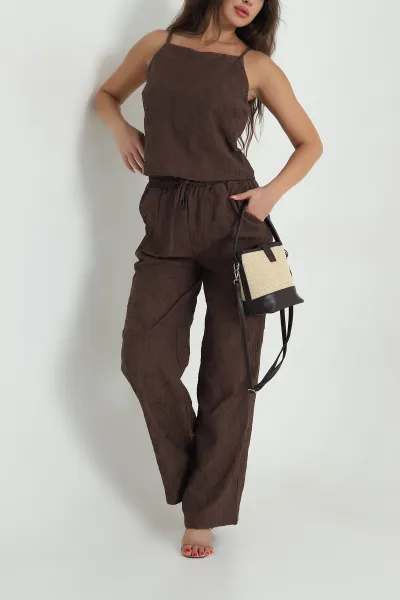 Kahverengi Nakışlı Bluz Pantolon Kadın Çilek İkili Takım 478702