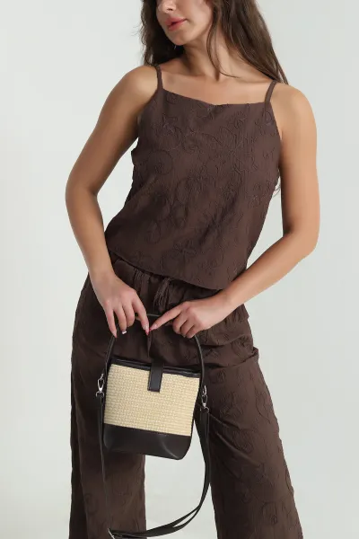 Kahverengi Nakışlı Bluz Pantolon Kadın Çilek İkili Takım 478702
