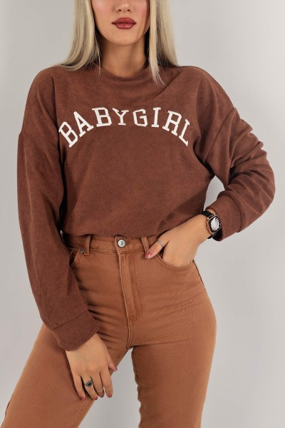 Kahverengi Nakışlı Havlu Kumaş Sweat 132395
