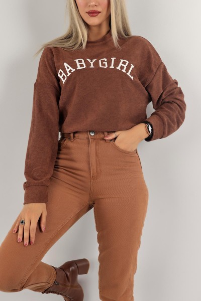 Kahverengi Nakışlı Havlu Kumaş Sweat 132395