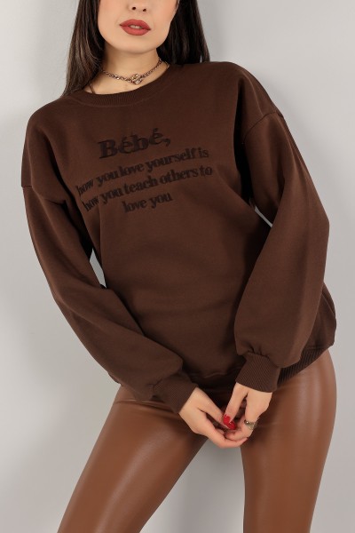Kahverengi Nakışlı İçi Şardonlu Bayan Sweat 139394