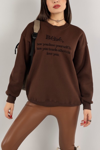 Kahverengi Nakışlı İçi Şardonlu Bayan Sweat 139394