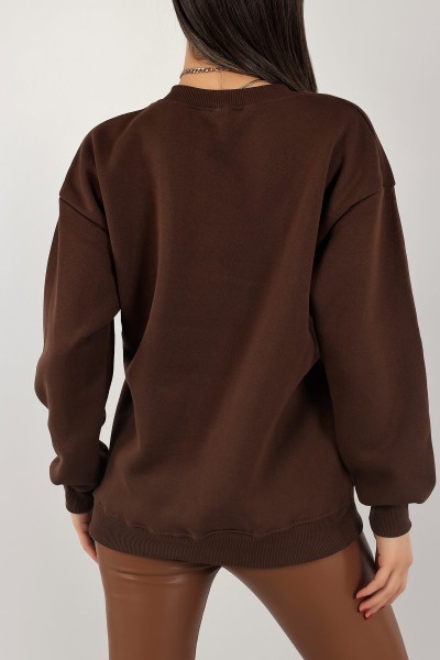 Kahverengi Nakışlı İçi Şardonlu Bayan Sweat 139394
