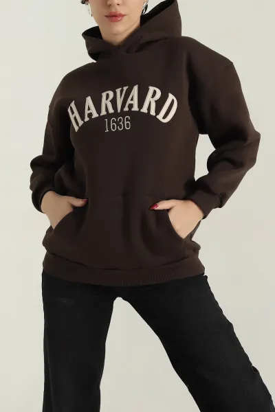 Kahverengi Nakışlı Kapşonlu Şardonlu Üç İp Kadın Sweat 417965