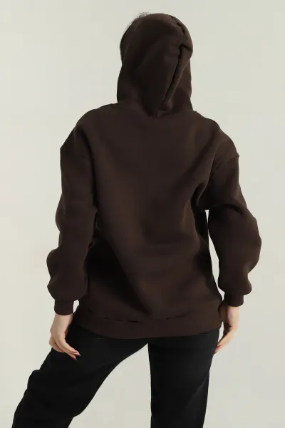 Kahverengi Nakışlı Kapşonlu Şardonlu Üç İp Kadın Sweat 417965