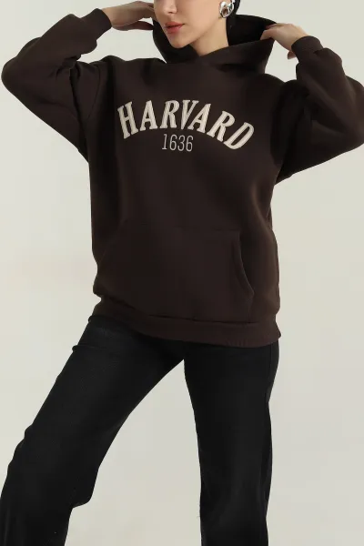 Kahverengi Nakışlı Kapşonlu Şardonlu Üç İp Kadın Sweat 417965