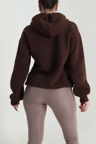 Kahverengi Nakışlı Kapşonlu Üç İp Kadın Sweat 492604