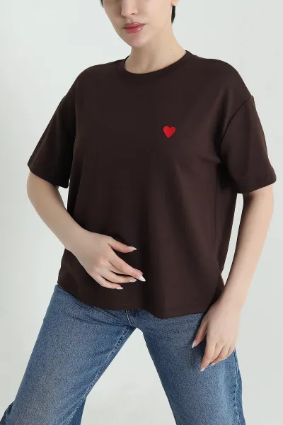 Kahverengi Nakışlı Modal Kadın Tişört 446994