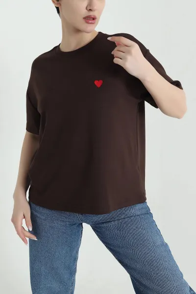 Kahverengi Nakışlı Modal Kadın Tişört 446994