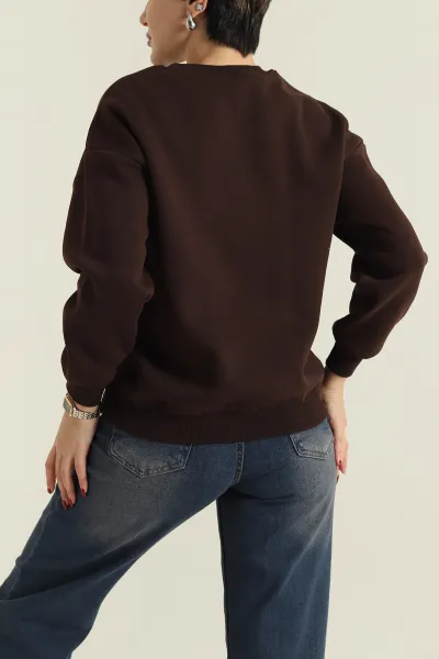 Kahverengi Nakışlı Şardonlu Üç İp Kadın Sweat 418345