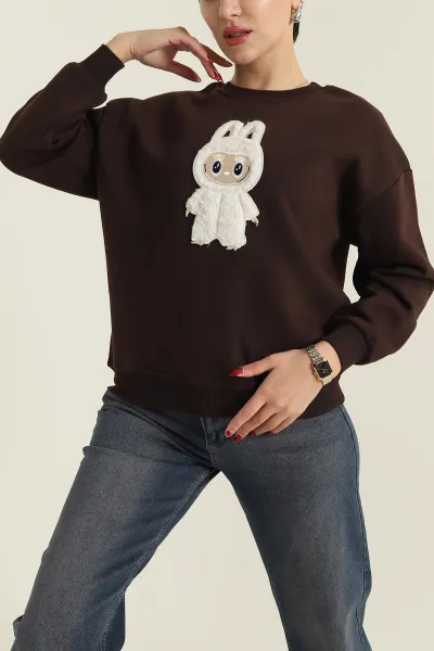 Kahverengi Nakışlı Şardonlu Üç İp Kadın Sweat 418345