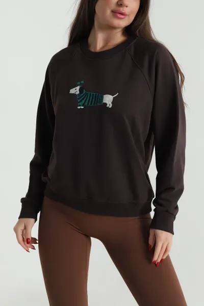 Kahverengi Nakışlı Üç İp Kadın Sweat 492595