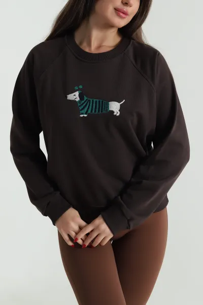 Kahverengi Nakışlı Üç İp Kadın Sweat 492595