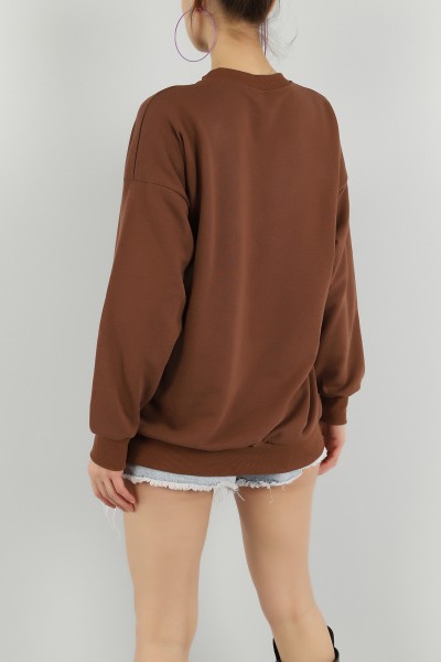 Kahverengi Nakışlı Üç İp Sweat 149656
