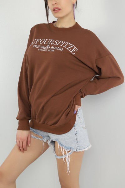 Kahverengi Nakışlı Üç İp Sweat 149656