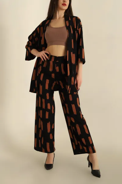 Kahverengi Okyanus Kumaş Kimono Pantolon Takım 257300