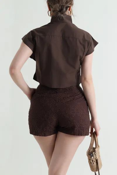 Kahverengi Omuz Düğmeli Poplin Kadın Bluz 459765