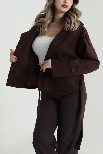 Kahverengi Omuz Kol Apolet Detay Kaşe Kadın Mont 492152