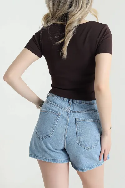 Kahverengi Önü Büzgülü Oysho Kadın Crop 458096