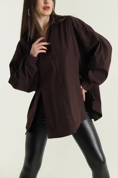 Kahverengi Önü Yırtmaçlı Oversize Paper Kadın Gömlek 429892