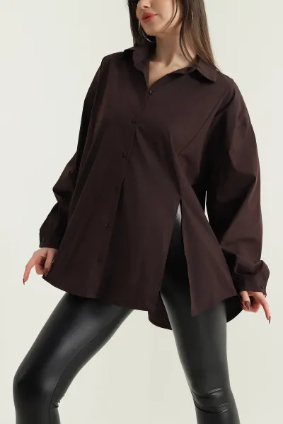 Kahverengi Önü Yırtmaçlı Oversize Paper Kadın Gömlek 429892