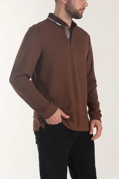 Kahverengi Osyho Kumaş Çizgili Polo Yaka Erkek Sweatshirt 406060