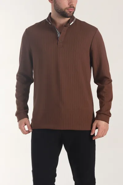 Kahverengi Osyho Kumaş Çizgili Polo Yaka Erkek Sweatshirt 406060
