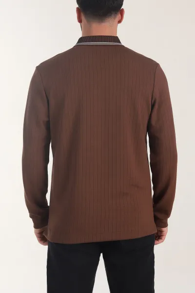 Kahverengi Osyho Kumaş Çizgili Polo Yaka Erkek Sweatshirt 406060