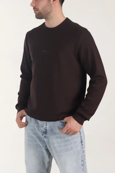 Kahverengi Osyho Kumaş Yazı Detaylı Bisiklet Yaka Erkek Sweatshirt 407343