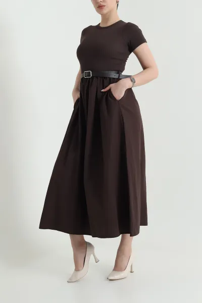 Kahverengi Ottoman Garnili Poplin Kadın Elbise 448301