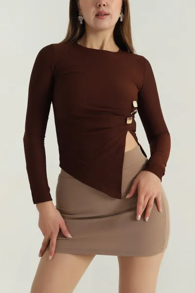 Kahverengi Ottoman Likralı Uzun Kol Kadın Bluz 396487