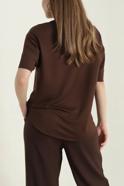 Kahverengi Oval Kesim Modal Kadın Tişört 433258