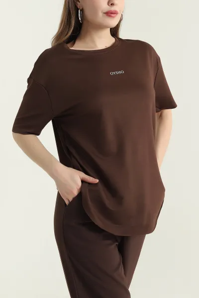 Kahverengi Oval Kesim Modal Kadın Tişört 433258