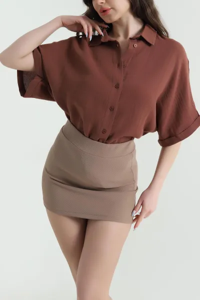 Kahverengi Oval Kesim Oversize Müslin Keten Kadın Gömlek 447001