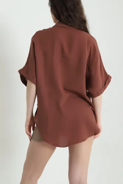 Kahverengi Oval Kesim Oversize Müslin Keten Kadın Gömlek 447001