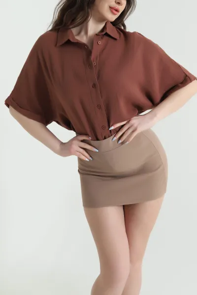 Kahverengi Oval Kesim Oversize Müslin Keten Kadın Gömlek 447001