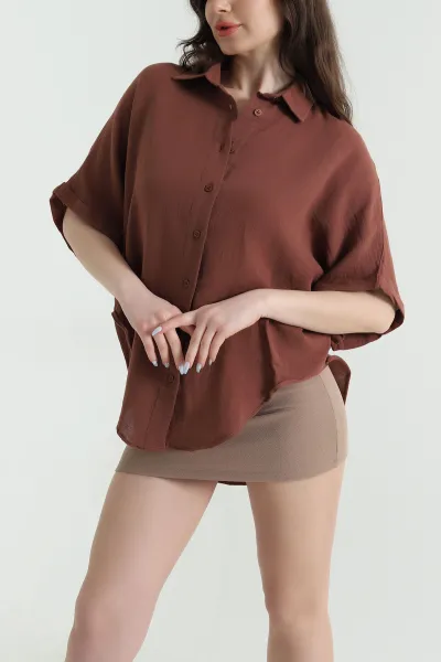 Kahverengi Oval Kesim Oversize Müslin Keten Kadın Gömlek 447001