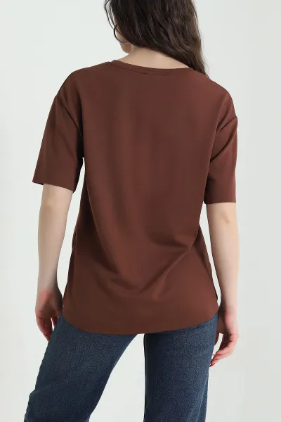 Kahverengi Oval Kesim Oysho Kadın Tişört 437676