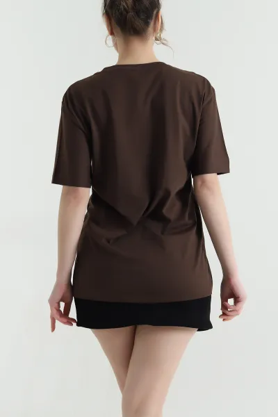 Kahverengi Oversize Bisiklet Yaka Taşlı Süprem Kadın Tişört 447099