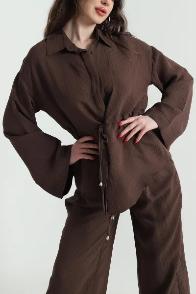 Kahverengi Oversize Çizgili Kadın İkili Takım 444294