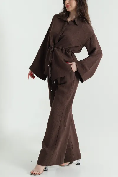 Kahverengi Oversize Çizgili Kadın İkili Takım 444294