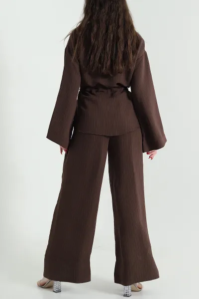 Kahverengi Oversize Çizgili Kadın İkili Takım 444294