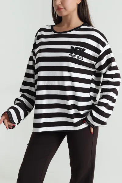 Kahverengi Oversize Çizgili Nakışlı Oysho Kadın Sweat 492882