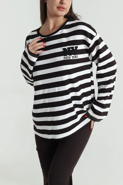Kahverengi Oversize Çizgili Nakışlı Oysho Kadın Sweat 492882