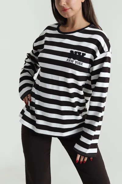 Kahverengi Oversize Çizgili Nakışlı Oysho Kadın Sweat 492882